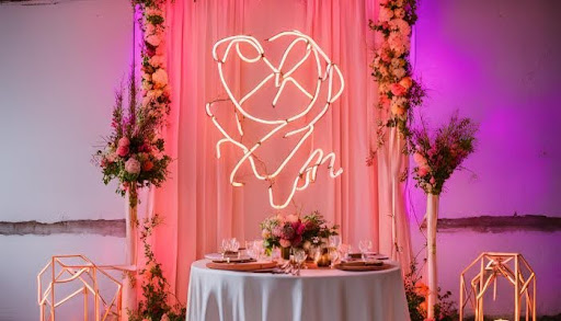 A beautifully decorated wedding reception table with a neon sign, adding a vibrant touch to the ambiance.